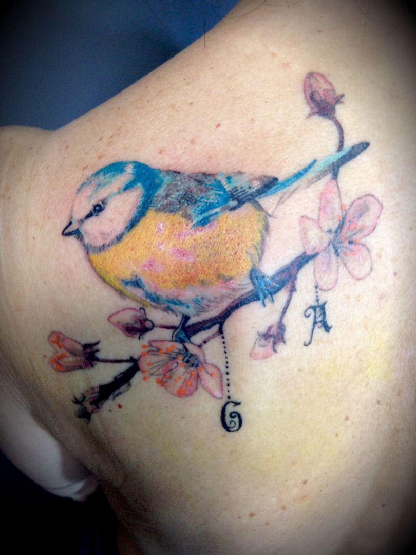 Tit and cherry blossom tattoo by Virginie Tatouage Strasbourg