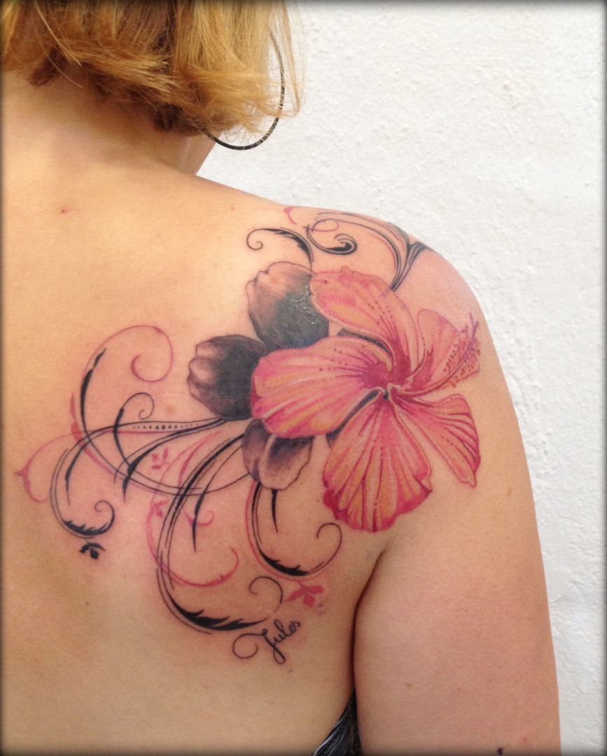 Pink flowers tattoo by Virginie Tatouage Strasbourg