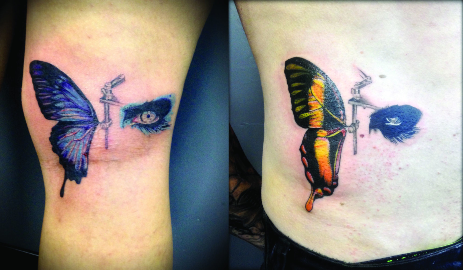 Tattoo surrealist of a butterfly and a eye